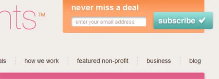 A screenshot of a client's website navigation and newsletter sign-up. The newsletter sign-up uses contrasting colors of orange and light blue. 