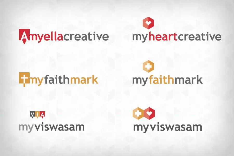 amyellacreative name change - myheartcreative A side-by-side comparison of the old and new logos for myheartcreative (formerly Amyellacreative), myfaithmark, and myviswasam.