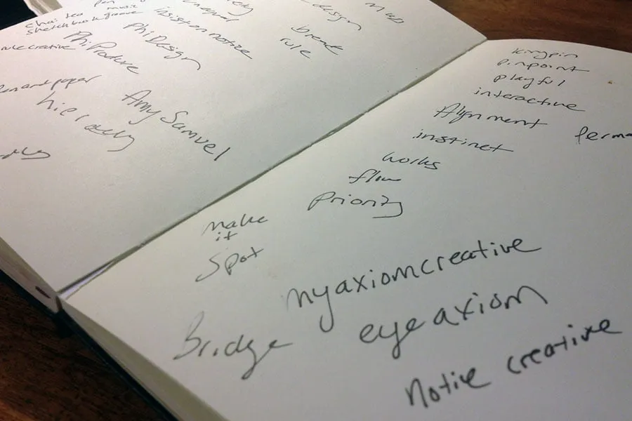 amyellacreative name change - myheartcreative Sketches and notes in a notebook for name change ideas.