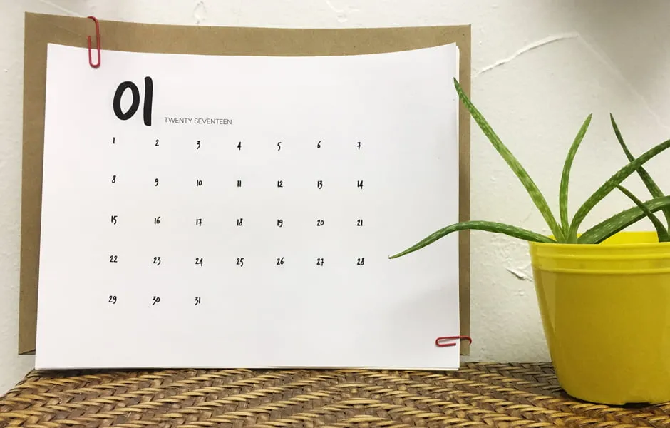 A January 2017 calendar printable sitting next to an aloe vera plant in a yellow pot. 