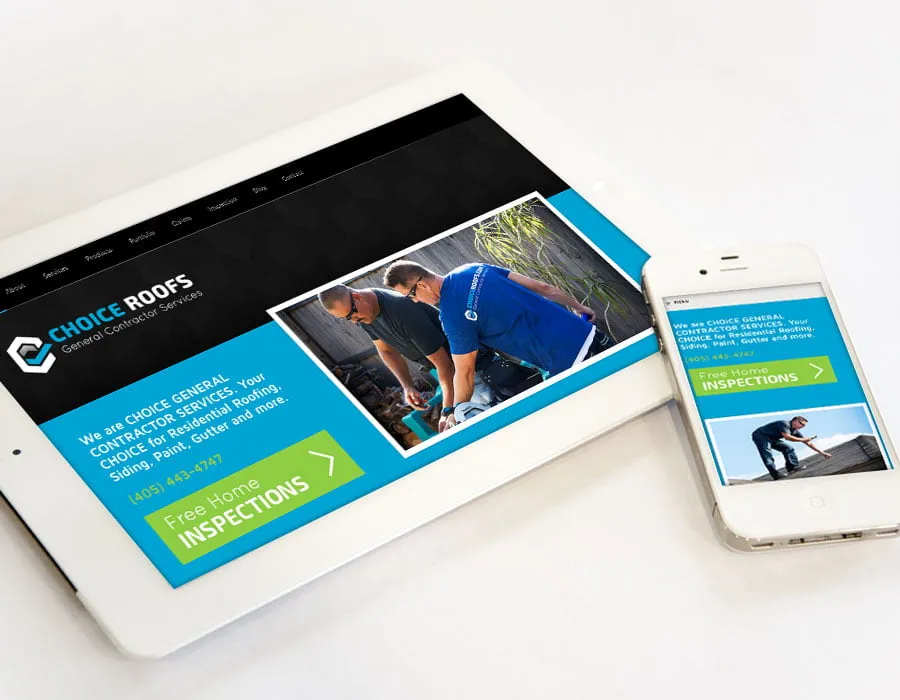 Choice Roofs Designs - myheartcreative The responsive web design for Choice Roofs, as shown on a white tablet and smartphone.