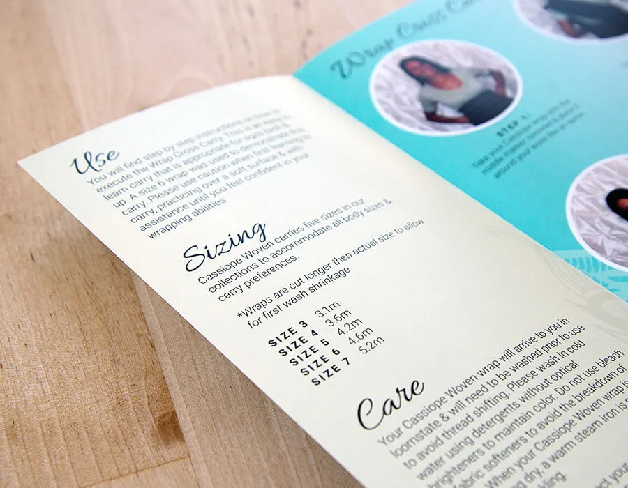 The inside left side of the brochure designed for Cassiope Woven. The section on Sizing is in focus. 