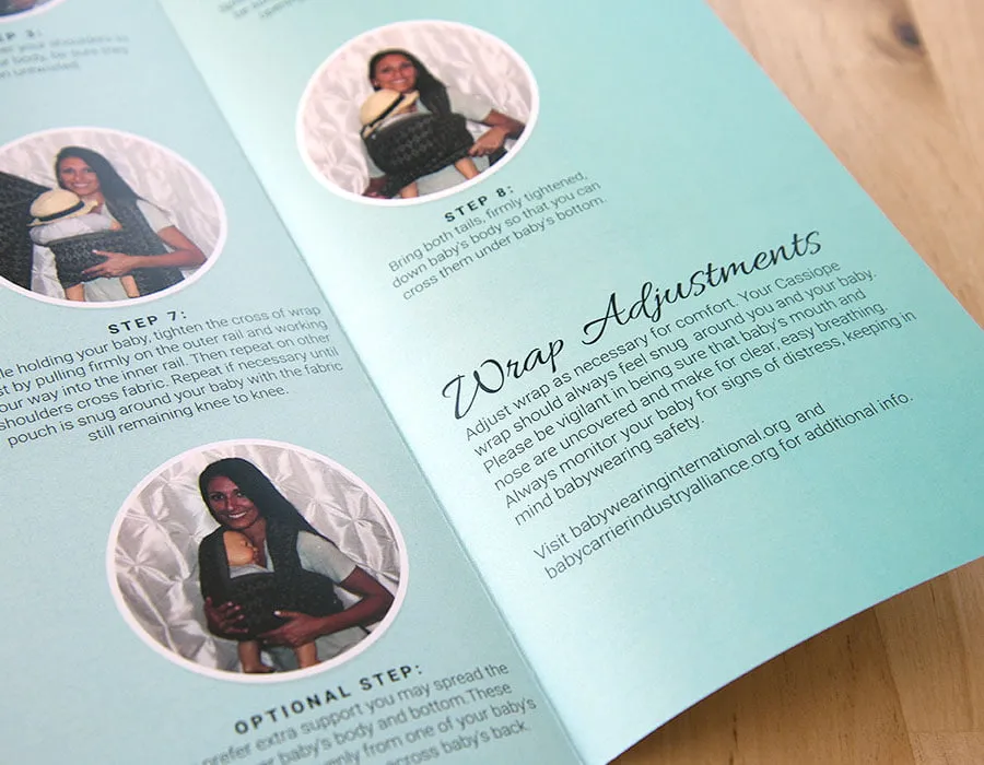 The bottom right portion of the brochure for Cassiope Woven. The section shown is, "Wrap Adjustments." 