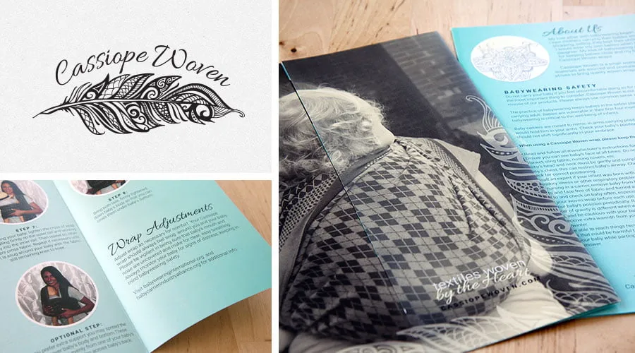 A collage of design work for Cassiope Woven. The top left photo shows the logo design, including a feather. The bottom left photo shows a section of the brochure design titled "Wrap Adjustments." The right side of the collage shows the front and back covers of a booklet. 