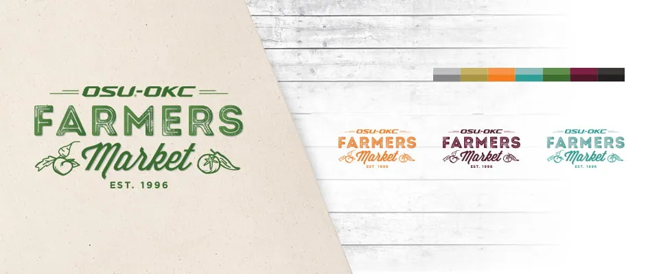 A logo color palette mockup of the OSU-OKC Farmers Market logo. The colors shown are dark green, orange, deep purple, and light blue. 