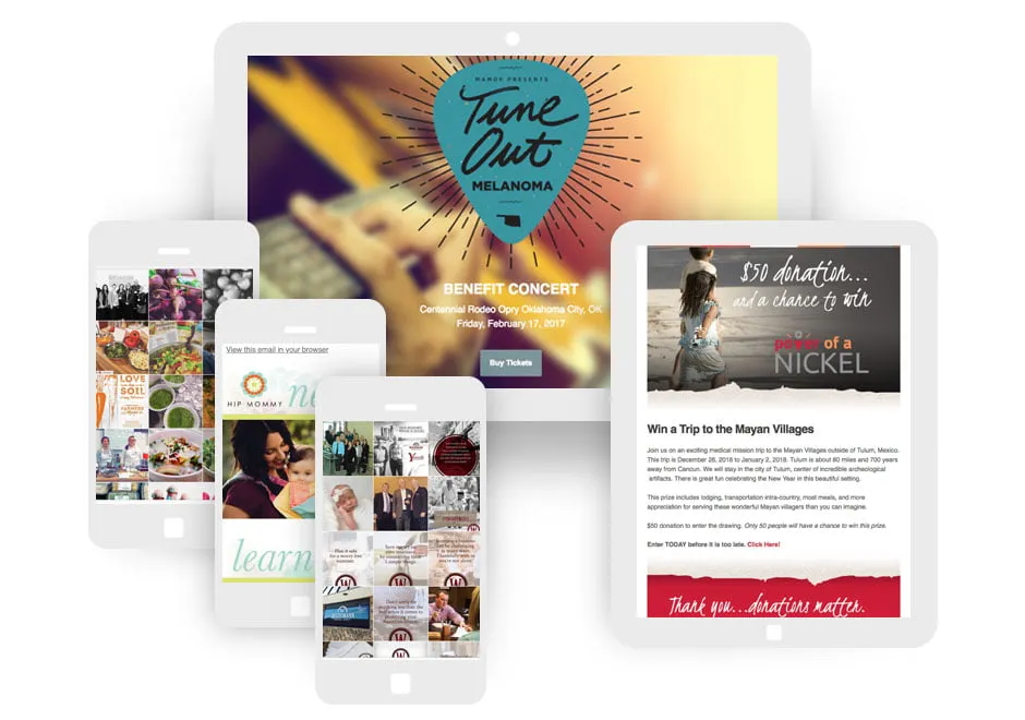 Does Your Business Need a Marketing Plan? - myheartcreative Oklahoma digital marketing samples of myheartcreative's work. A desktop screen mockup shows the website for Tune Out Melanoma. Three mobile phone mockups show social media feeds for various clients. A tablet mockup shows Power of a Nickel's website.