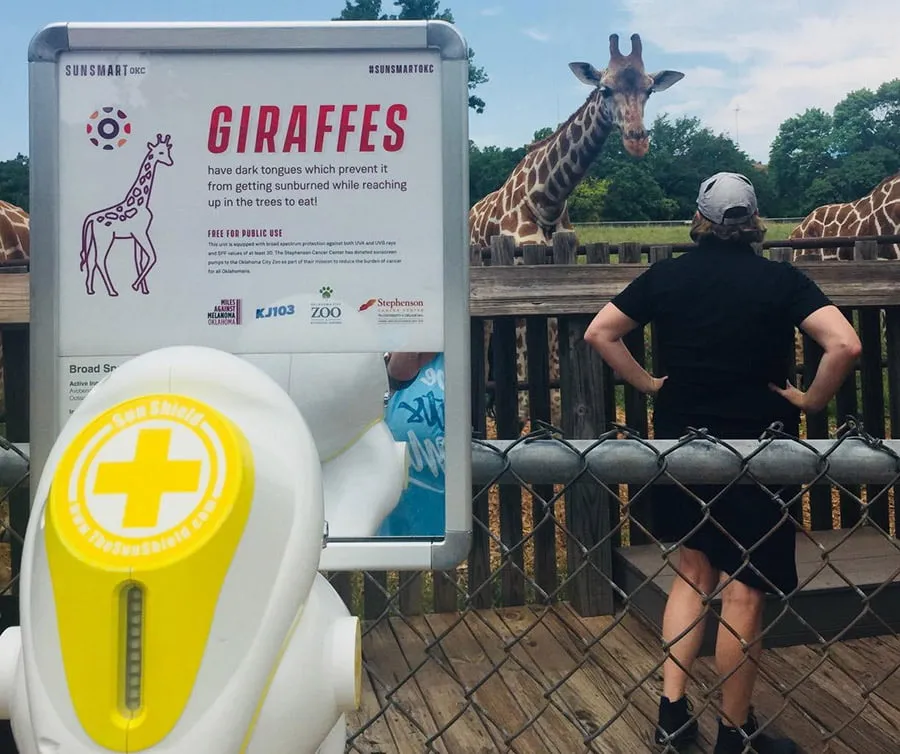A woman stands at the zoo and looks at a giraffe during a Miles for Melanoma event. A sign from Miles from Melanoma describes, "Giraffes have dark tongues which prevent it from getting sunburned while reaching up in the trees to eat!" 