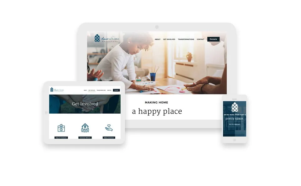 The web design for Heart and Home Makeovers on desktop, tablet, and mobile phone screens. 