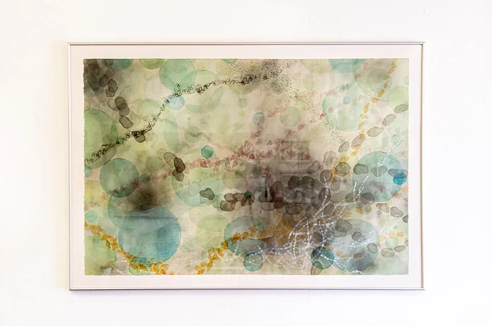 A large abstract piece by artist Emma Difani. The piece has black, blue, green, purple, and orange colors throughout. 