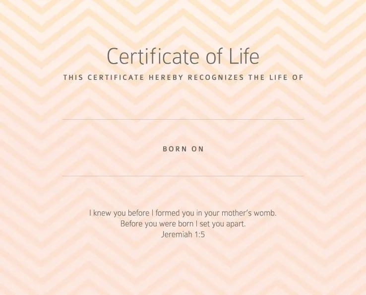 Certificate of Life. This certificate hereby recognizes the life of (blank) born on (blank). I knew you before I formed you in your mother's womb. Before you were born I set you apart. Jeremiah 1:5" The background of the certificate consists of yellow and light pink chevron stripes. 