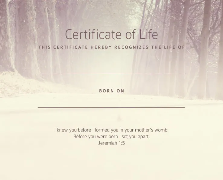 Certificate of Life. This certificate hereby recognizes the life of (blank) born on (blank). I knew you before I formed you in your mother's womb. Before you were born I set you apart. Jeremiah 1:5" The background of the certificate shows a road lines with trees. 