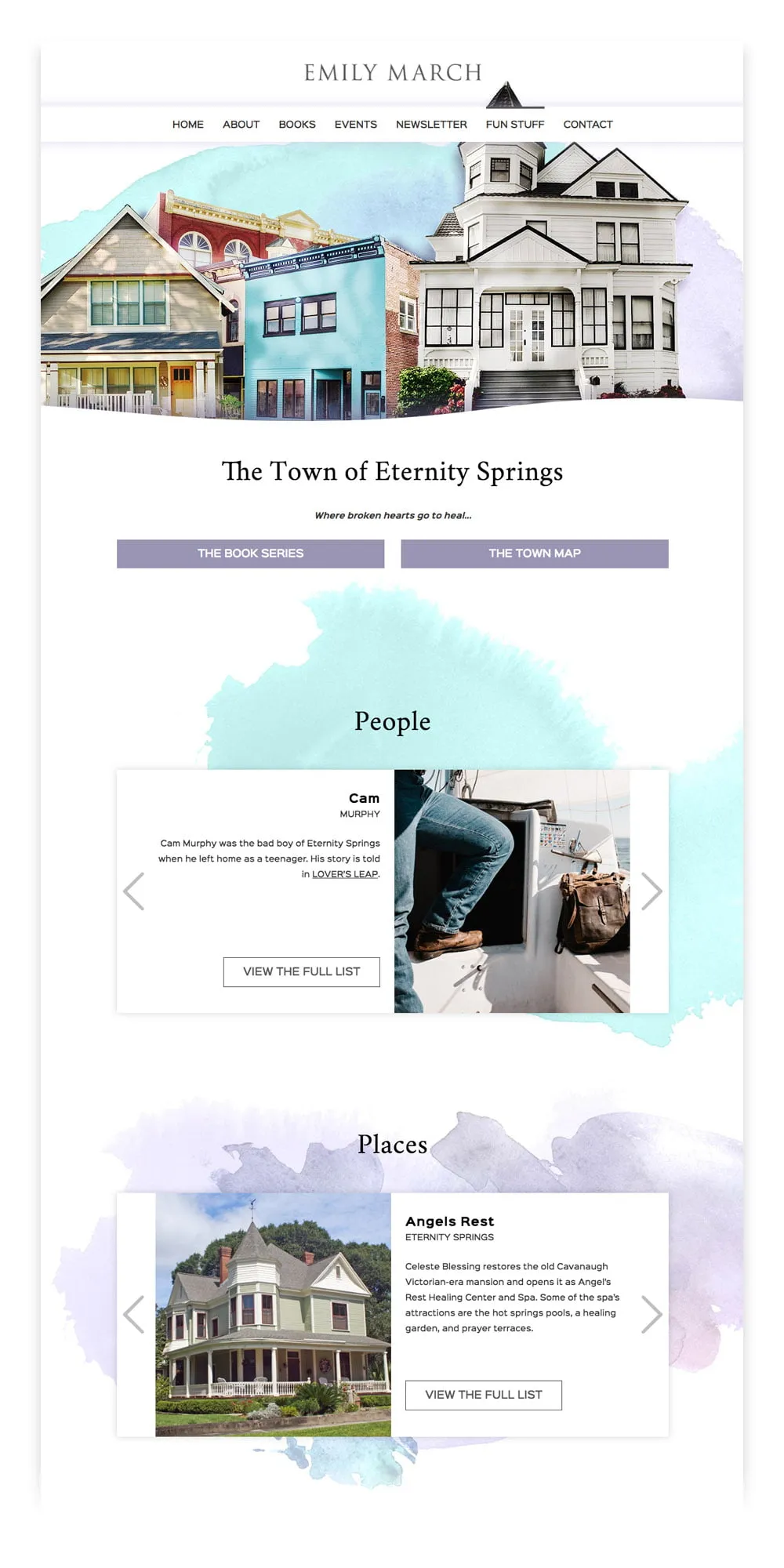 An inside page for the new web design for Emily March. The page is titled "The Town of Eternity Springs." 