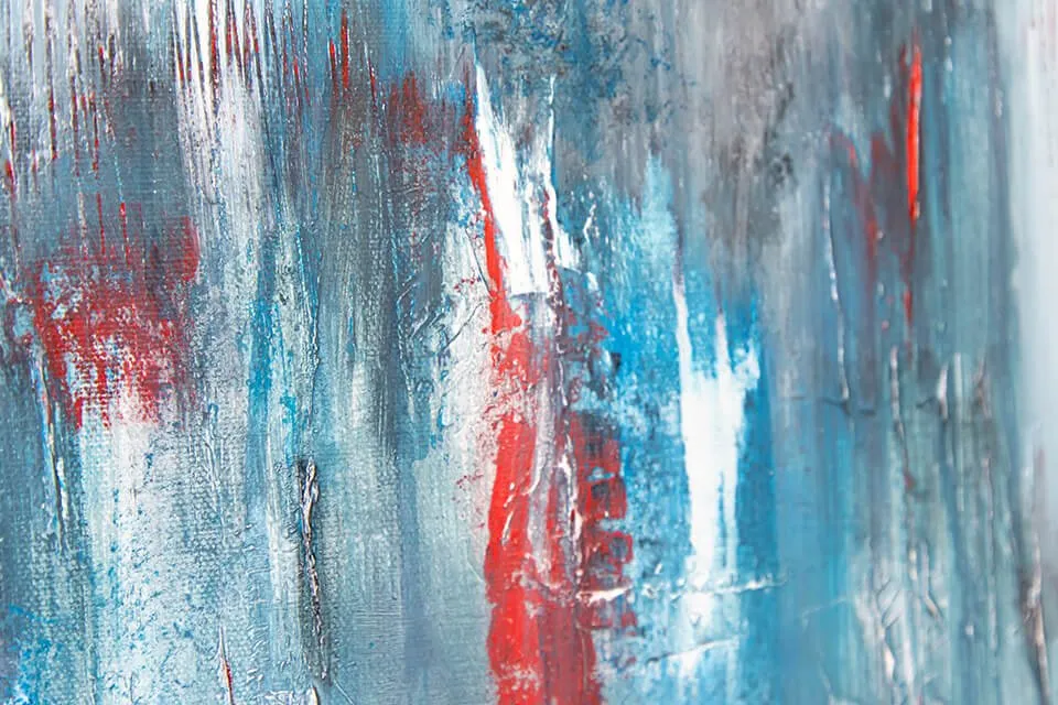 An up-close shot of the abstract painting titled "Lies Beneath" by Keith Wolfe. 