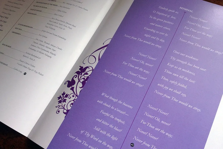 The wedding program for the Oraene's. The inside shows the wedding timeline and processional, along with a hymnal to be sung at the ceremony. 