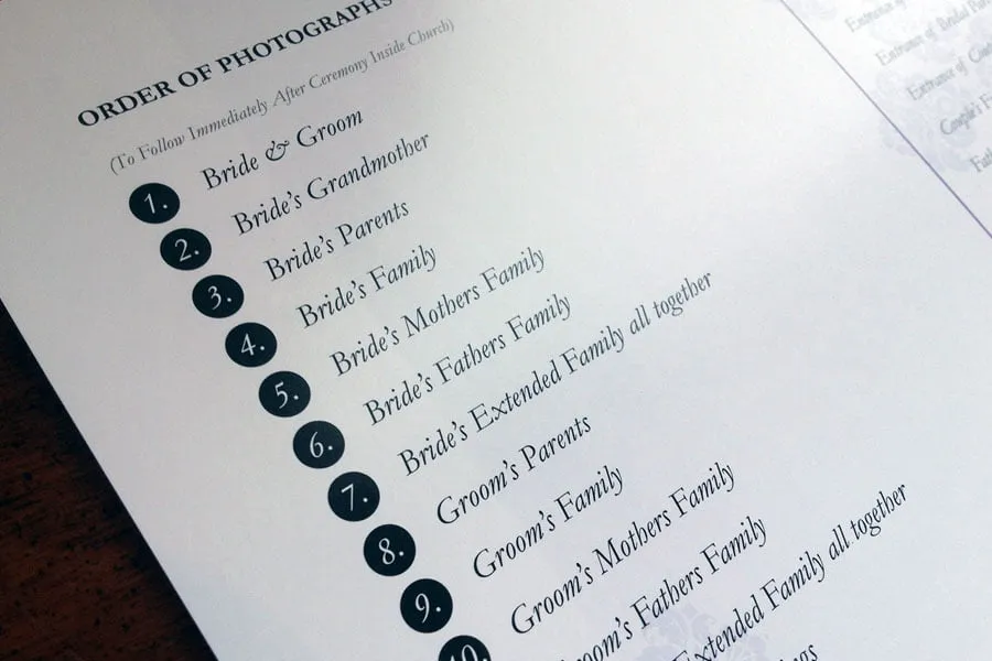 A list of the Order of Photographs to be taken after the ceremony. This list is printed inside the Oraene's wedding program. 