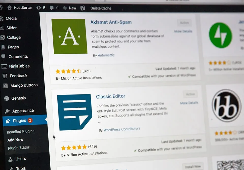 The WordPress dashboard showing the main page under "Plugins." The screen shows a list of popular plugins, including Classic Editor. 
