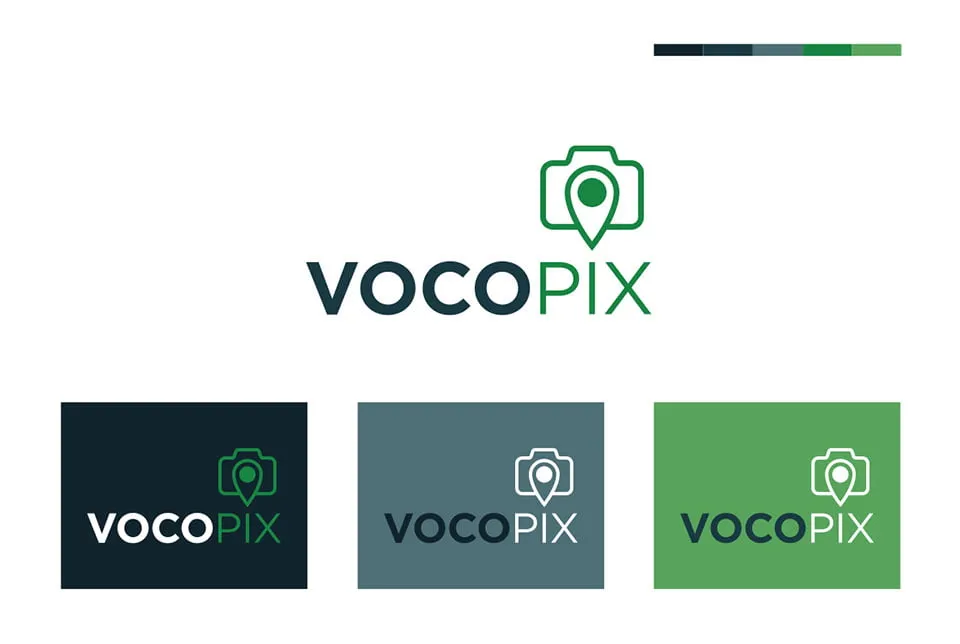 5 Surefire Ways To Successfully Brand Your Business - myheartcreative The logo design color palette for VocoPix. The colors consist of dar, navy blue, greys, and light green.