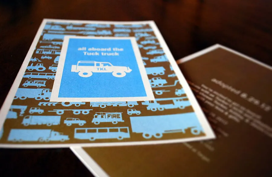 invite designs for adoption celebration - myheartcreative An adoption invite designed by Amy. The card is brown with white and blue accents. "All aboard the Tuck truck."
