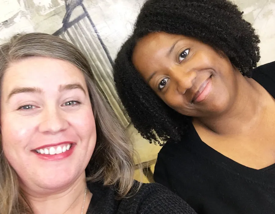 How to Blog - myheartcreative Amy and Nicole smile for a selfie during their live video.