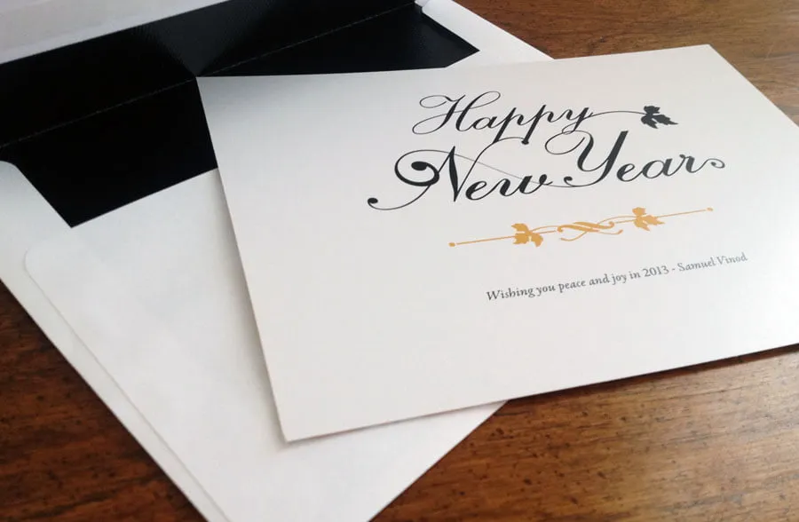 The inside of the card reads, "Happy New Year. Wishing you peace and joy in 2013 - Samuel Vinod."