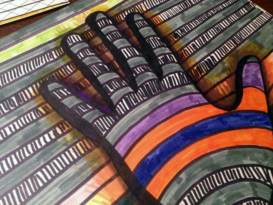 Colorful 3D hand art by Amy.