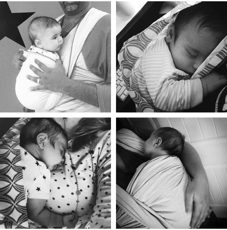New Ring Sling - myheartcreative A collage of four black-and-white photos of Sam and Amy babywearing their baby, Maximus.
