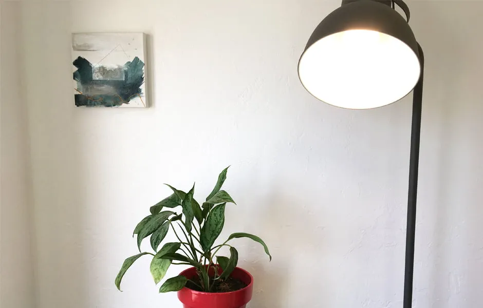A small abstract painting by Brandi Downham hangs next to a black standing lamp and a potted plant at the studio. 