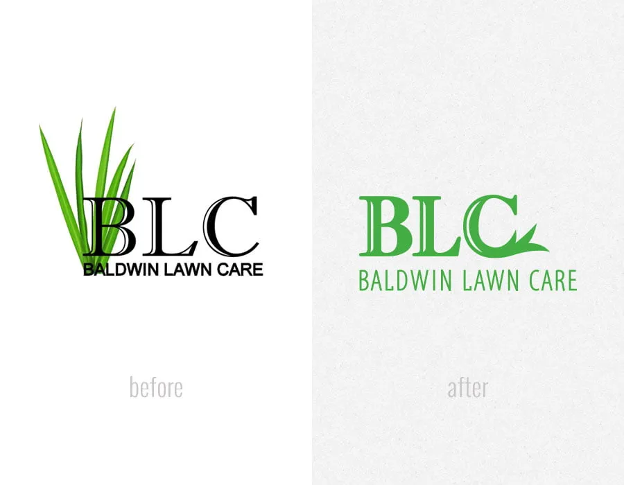 The before and after comparison of the logo designs for Baldwin Lawn Care. 