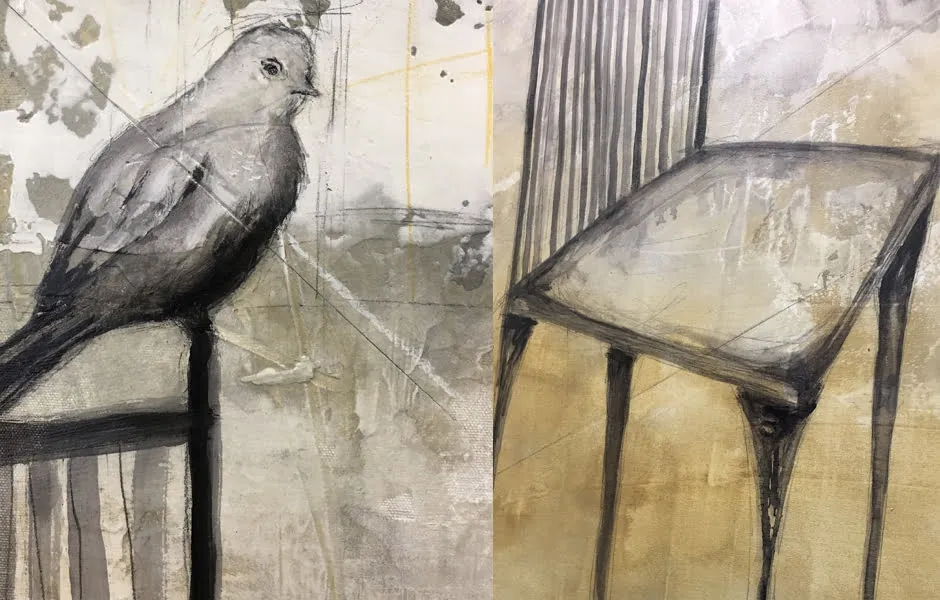 A collage with upc-lose shots of the bird and the chair on an abstract painting by Brandi Downham. 
