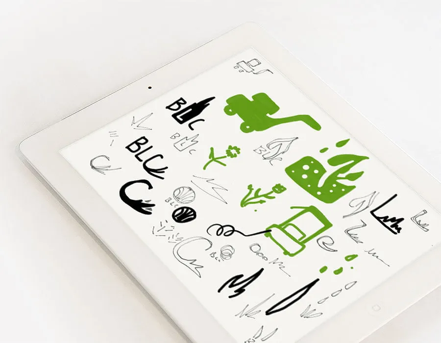 A page full of sketches for the Baldwin Lawn Care logo on an iPad. 