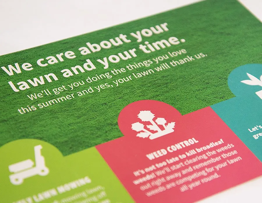 A print design for direct mail ad for Baldwin Lawn Care. The header reads, "We care about your lawn and your time. We'll get you doing the things you love this summer and yes, your lawn will thank us."