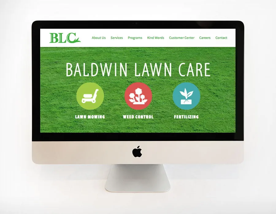 The website homepage for Baldwin Lawn Care on a Mac desktop. 