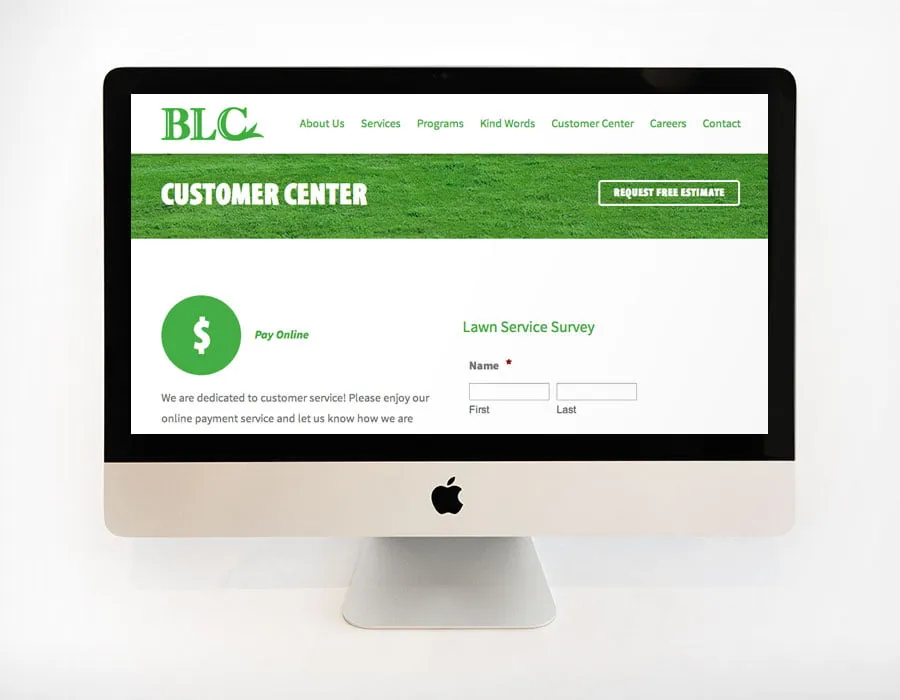 The Customer Center page on the Baldwin Lawn Care website on a Mac desktop. 