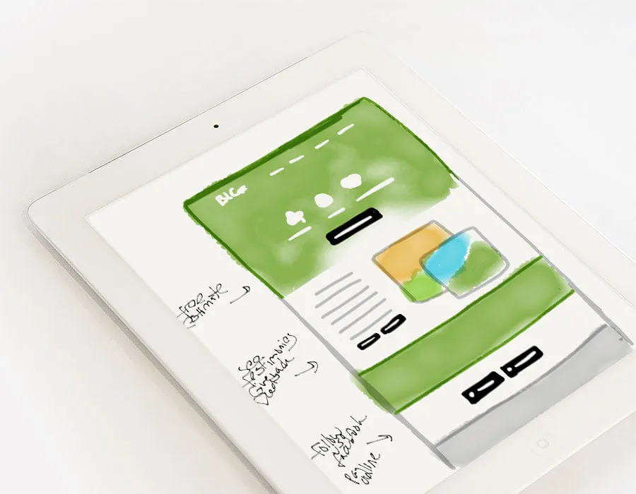 A sketch with color of the website homepage layout on an iPad. 