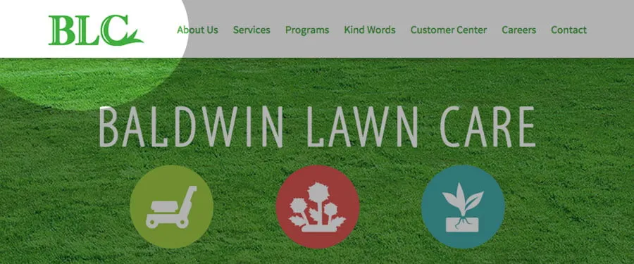 Make Your Website Communicate for You - myheartcreative The banner on Baldwin Lawn Care's website homepage. Their logo is circled with a spotlight, while the rest of the banner is shaded.