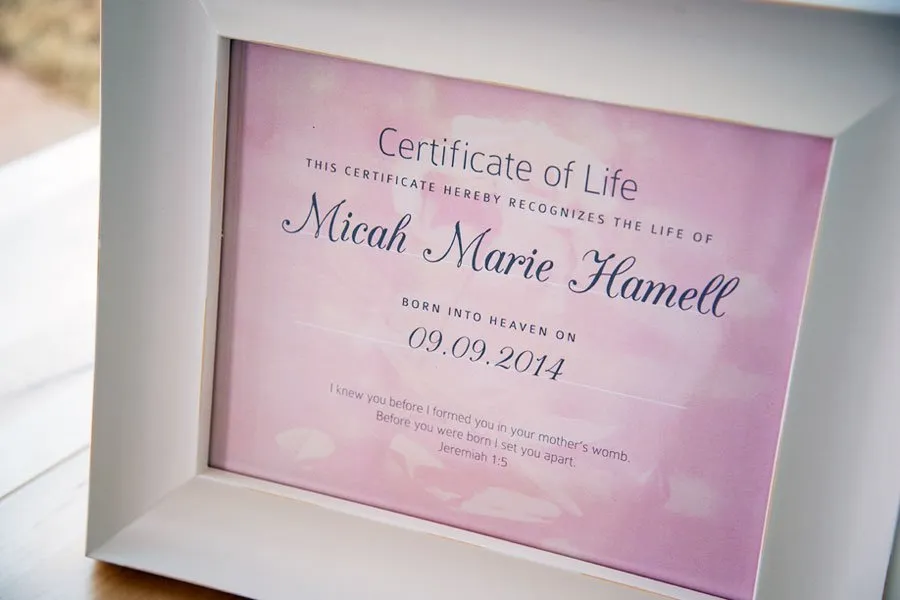 A Certificate of Life printable in a white frame. The certification is to recognize the life of Micah Marie Hamell, born into Heaven on 09.09.2014. 