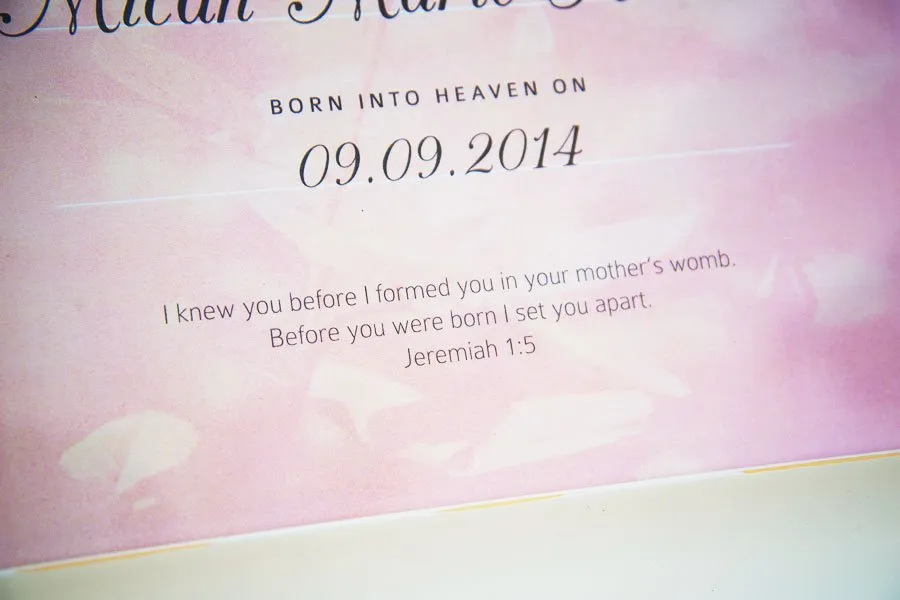 A Bible verse at the bottom of the certificate of life for Micah Marie Hamel. It reads, "I know you before I formed you in your mother's womb. Before you were born I set you apart. Jeremiah 1:5"