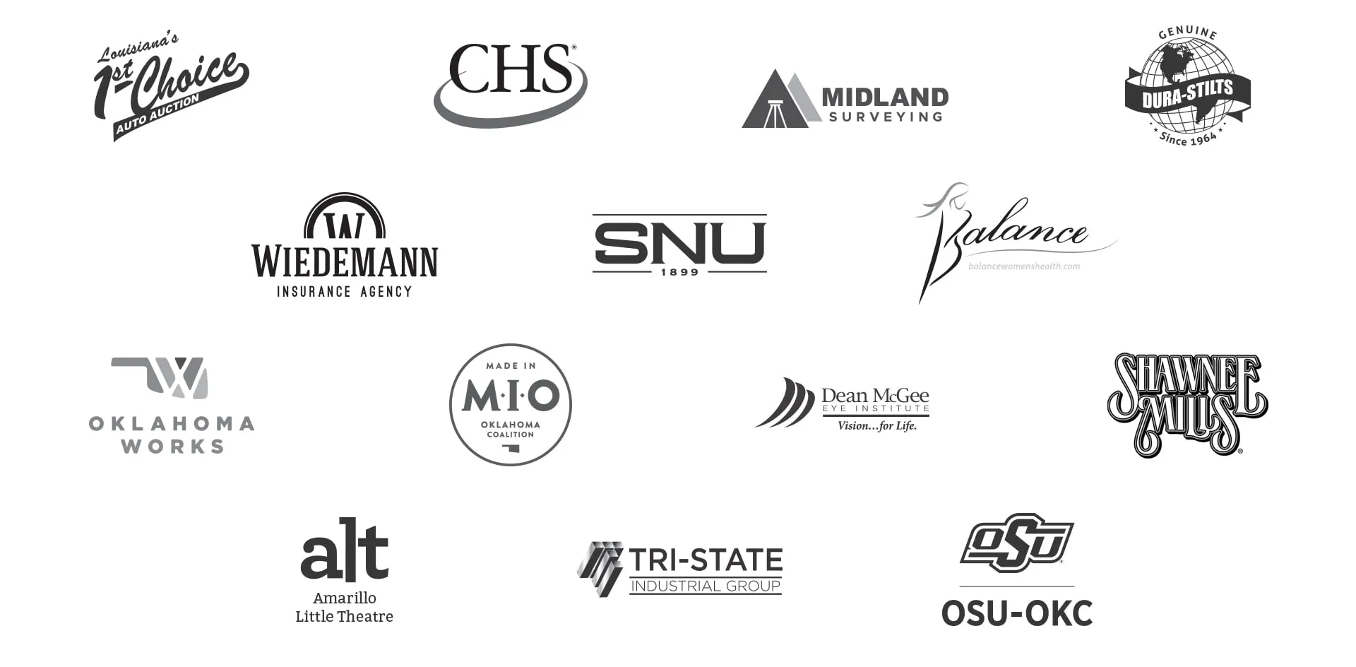 A collage of myheartcreative clients and their logos.
Louisiana's 1st Choice Auto Auction, CHS, Midland Surveying, Genuine Dura-Stilts Since 1964, Wiedemann Insurance Agency, SNU 1899, Balance, Oklahoma Works, MIO Made In Oklahoma Coalition, Dean McGee Eye Institute Vision...for Life, Shawnee Mills, ALT Amarillo Little Theatre, Tri-State Industrial Group, OSU-OKC. 