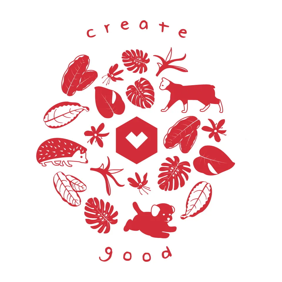 The t-shirt design for myheartcreative in red font. The design says, "create good" with various icons surrounding the myheartcreative logo in the center. 