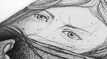 A sketch of a young woman covering her mouth with her shirt in pen. 
