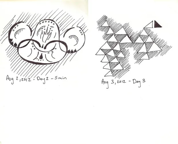 Day 2 and day 3 of the doodle a day challenge. Day 2 was drawn in 5 minutes on August 2, 2012 and shows an abstract circular doodle. Day 3 was drawn in 5 minutes on August 3, 2012 and shows an abstract triangle doodle. 