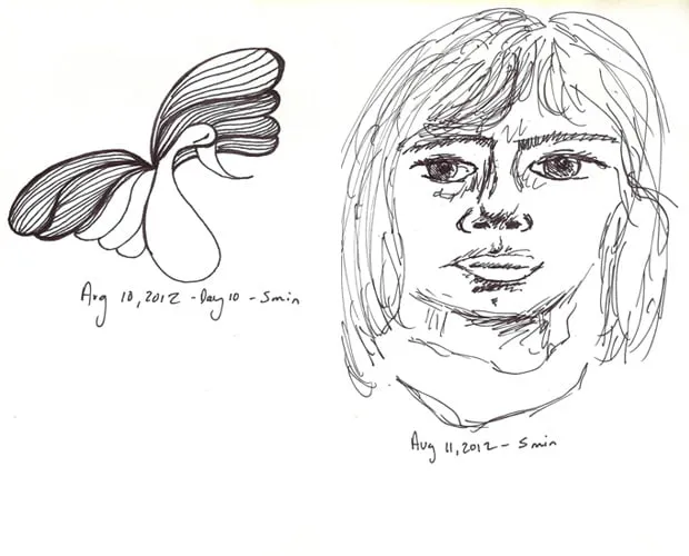 Day 10 and day 11 of the doodle a day challenge. Day 10 was drawn in 5 minutes on August 10, 2012 and shows an abstract swan. Day 11 was drawn in 5 minutes on August 3, 2012 and shows a young girl's face. 