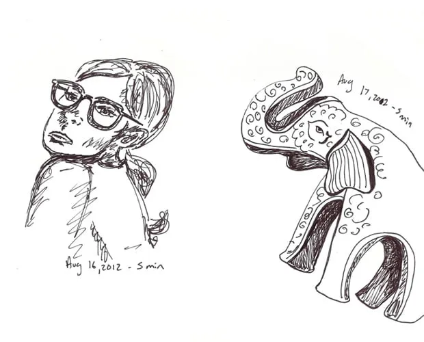 Day 16 and day 17 of the doodle a day challenge. Day 16 was drawn in 5 minutes on August 16, 2012 and shows a pouting girl wearing glasses. Day 17 was drawn in 5 minutes on August 17, 2012 and shows an elephant. 