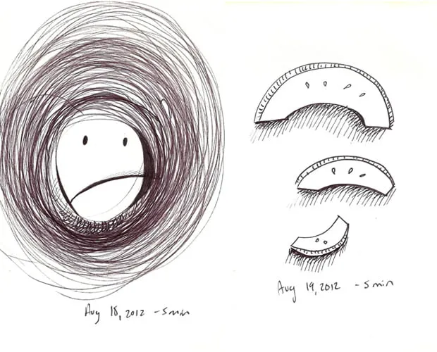 Day 18 and day 19 of the doodle a day challenge. Day 18 was drawn in 5 minutes on August 18, 2012 and shows an abstract circular doodle with a frowning face in the middle. Day 19 was drawn in 5 minutes on August 19, 2012 and shows an three pieces of sliced fruit. 