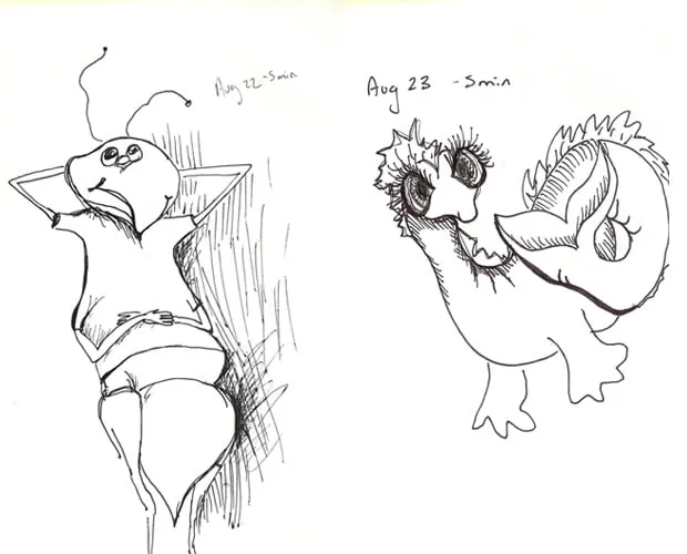 Day 22 and day 23 of the doodle a day challenge. Day 22 was drawn in 5 minutes on August 22, 2012 and shows a big relaxing on his back. Day 23 was drawn in 5 minutes on August 23, 2012 and shows a small, cute dragon. 
