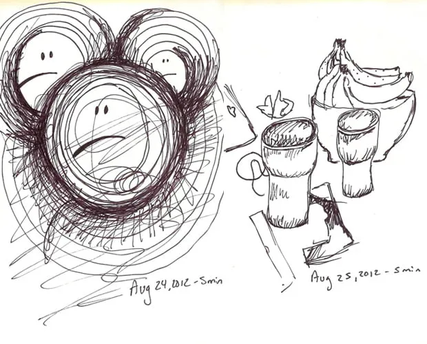 Day 24 and day 25 of the doodle a day challenge. Day 24 was drawn in 5 minutes on August 24, 2012 and shows an abstract circular doodle with three frowning faces. Day 25 was drawn in 5 minutes on August 25, 2012 and shows two cups and a bowl of bananas. 