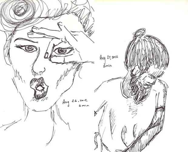 Day 26 and day 27 of the doodle a day challenge. Day 26 was drawn in 5 minutes on August 26, 2012 and shows a woman puckering her lips and looking through a circle made of her fingers. Day 27 was drawn in 5 minutes on August 27, 2012 and shows a man wearing a bun and a thick beard. 