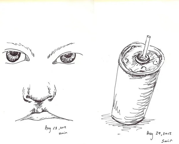 Day 28 and day 29 of the doodle a day challenge. Day 28 was drawn in 5 minutes on August 28, 2012 and shows an young face. Day 29 was drawn in 5 minutes on August 29, 2012 and shows a tumbler with a straw. 