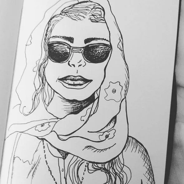 A sketch of a woman wearing a scarf over her head and sunglasses in pen. 