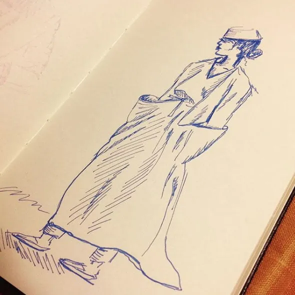 A sketch of a woman wearing a dress in pen. 